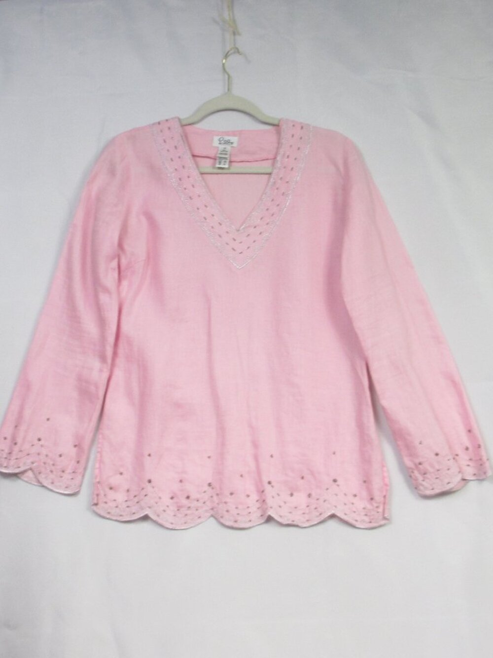 LILLY PULITZER‎ Vintage White Label Linen Top Womens Size XS Beaded Embroidered